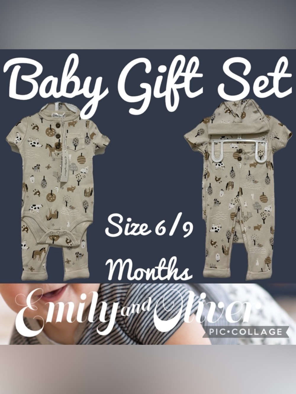 Emily & Oliver 3 Piece Farm Animals Gift Set Baby Outfit Size 6/9 Months